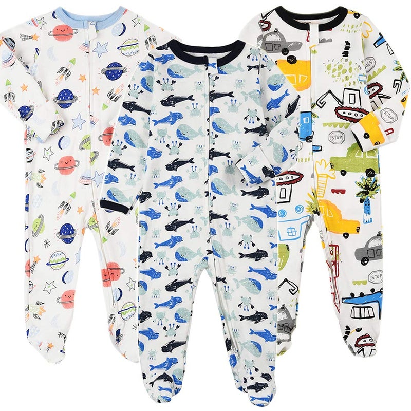 Aablexema Baby Footie Pajamas with Mittens - 3Pcs Infant Cotton Footed One Piece Sleepwear Outfits(0-3M, Space/Vehicle/Whale) - Image 1